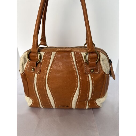 Frye Tan Leather & Canvas Mini Satchel Handbag With Double Handles & Zipper Clos - Picture 4 of 16